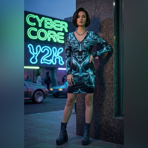 La Pateau Cyber Core Smoke Print V-Neck Mini Dress | Teal & Black size small - Picture 3 of 9